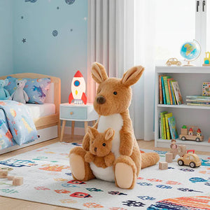 Children's room with a kangaroo plush toy, books, and toys on a colorful rug.