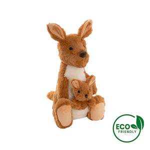 Plush kangaroo toy with a baby kangaroo, featuring an 'Eco Friendly' label on a white background.