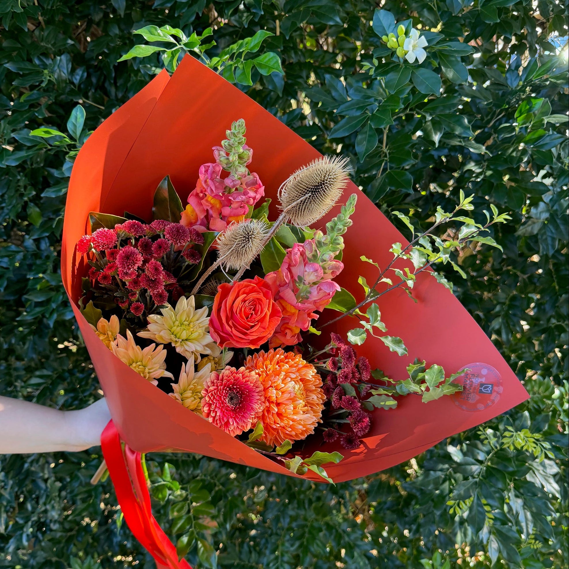Bouquet of flowers wrapped in red paper held against a green leafy background