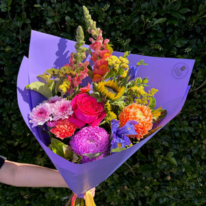 Bouquet of colorful flowers wrapped in purple paper held by a person against a green bush background.