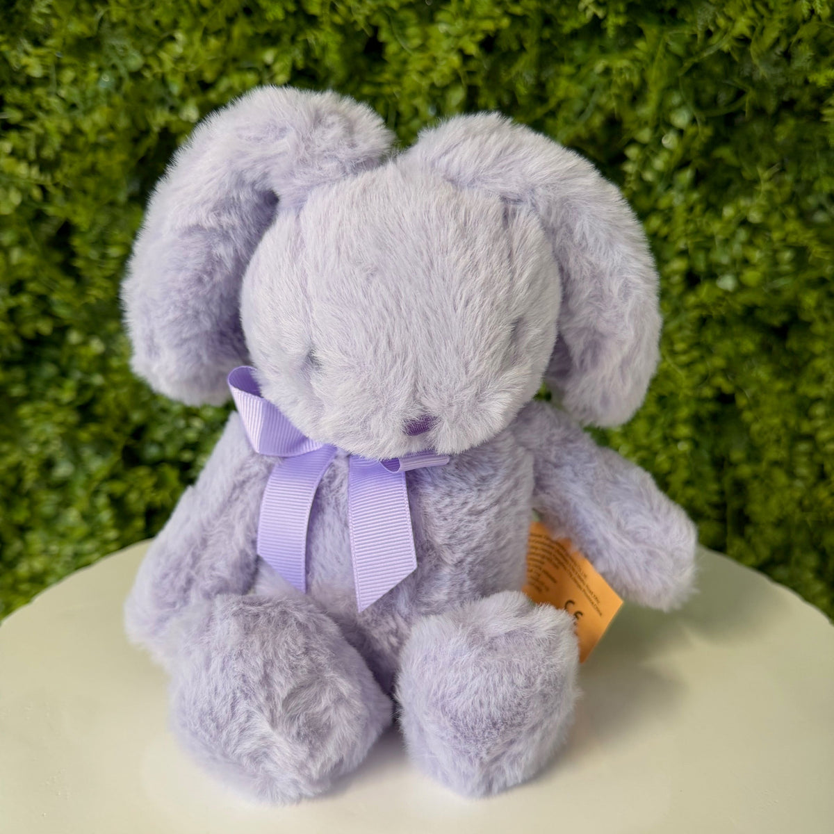 Plush toy rabbit with a purple bow on a green and white background