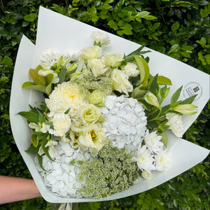 Bouquet of white and green flowers held against a green leafy background