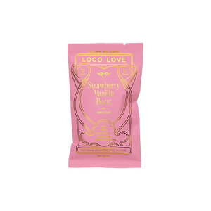 Pink package of Loco Love Strawberry Vanilla Burst on a white background