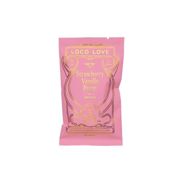 Pink package of Loco Love Strawberry Vanilla Burst on a white background