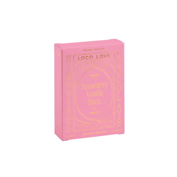 Pink packaging of 'LOCO LOVE Strawberry Vanilla Burst' on a white background