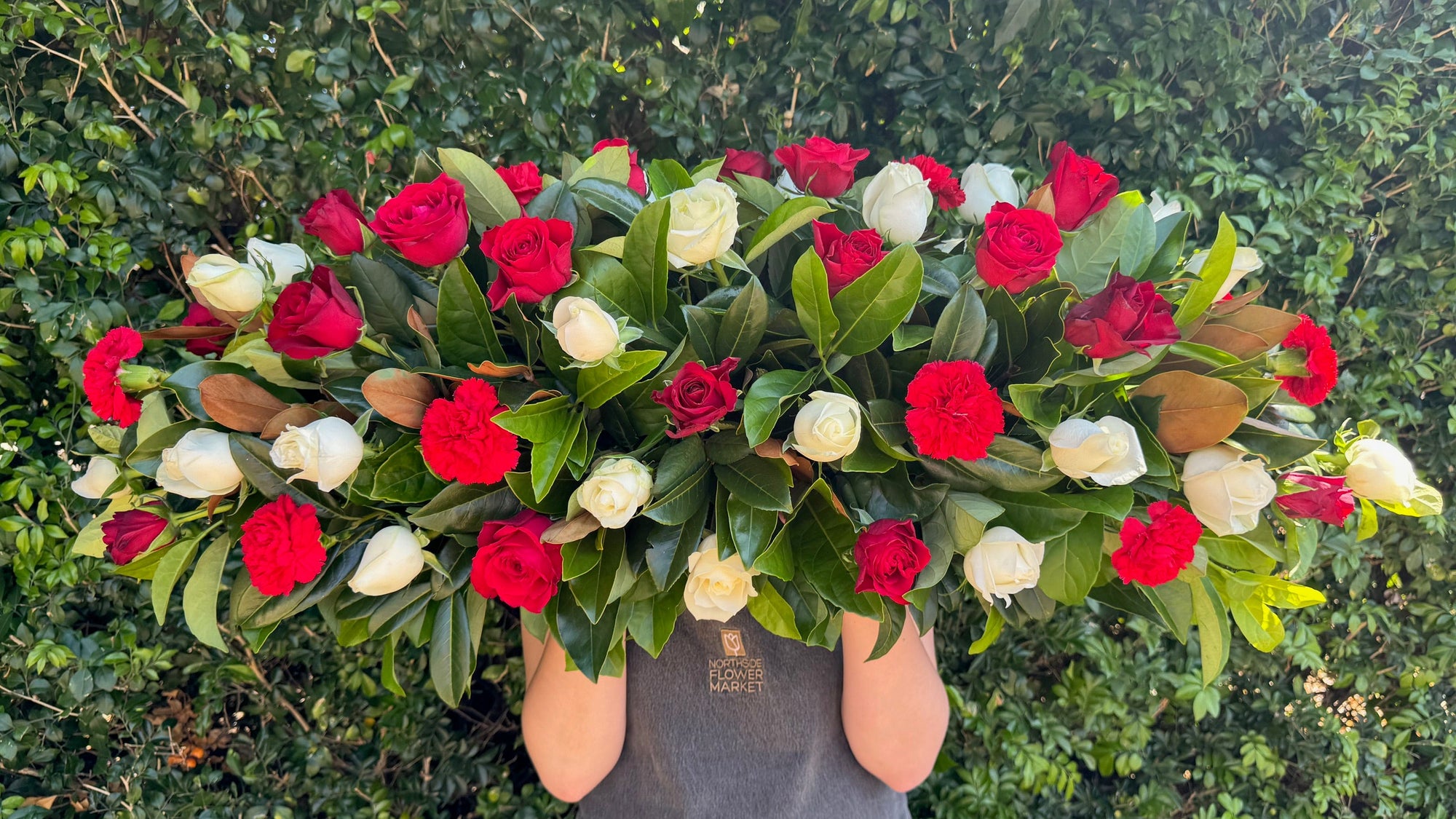 RED & WHITE ROSE & CARNATION MIXED CASKET SPRAY