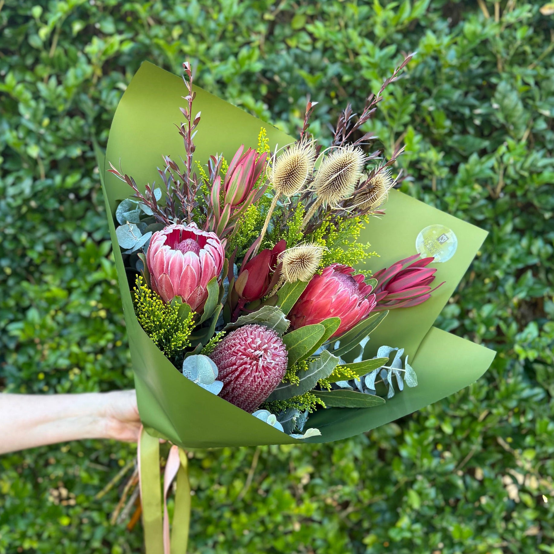 Bouquet of native flowers held against a green bush background