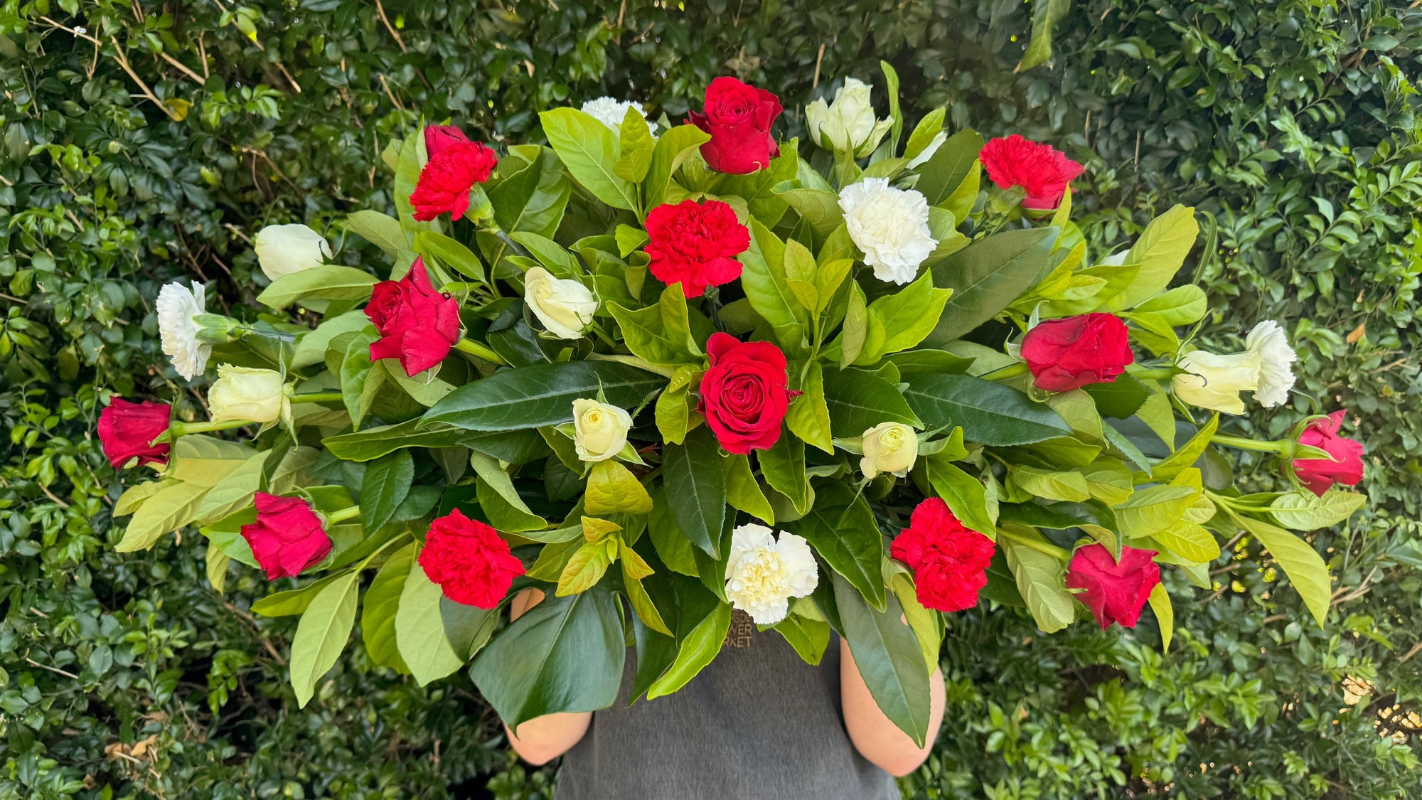 RED & WHITE ROSE & CARNATION MIXED CASKET SPRAY